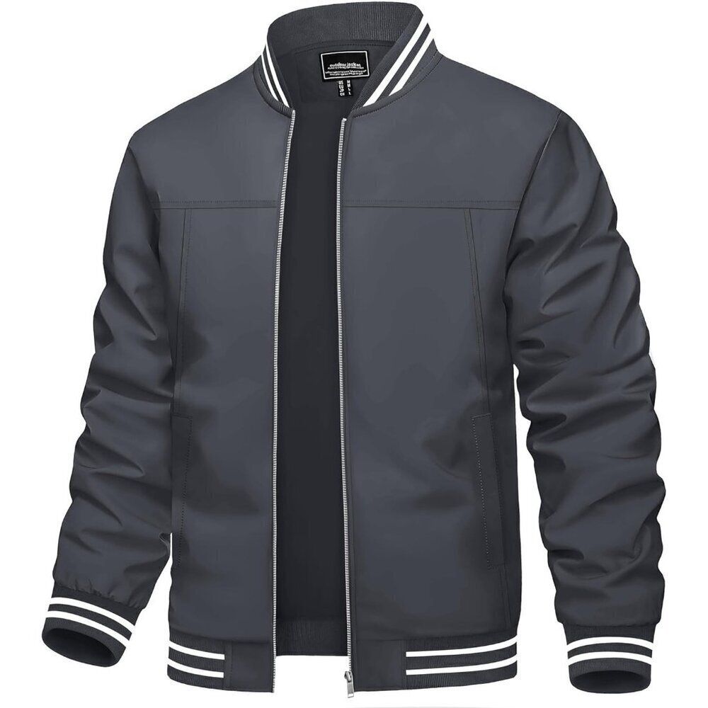 🆕Men's Grey Bomber Lightweight Casual Spring Fall Windbreaker Zip Up Jacket